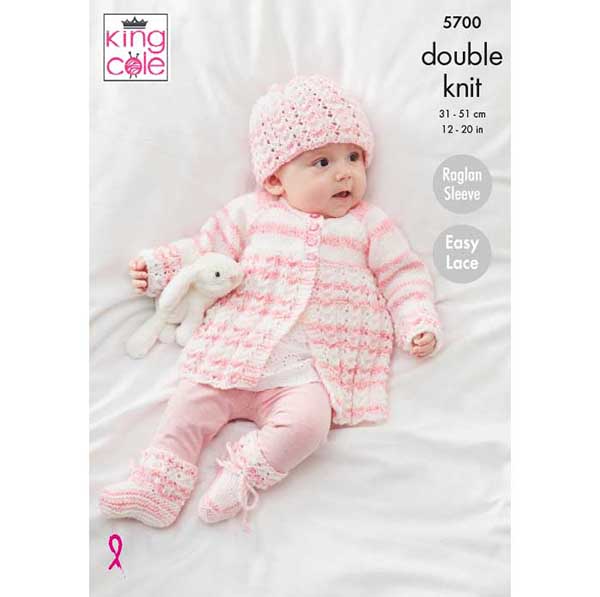 Matinee Coat, Top, Cardigan, Hat & Booties Knitted in Baby Stripe DK