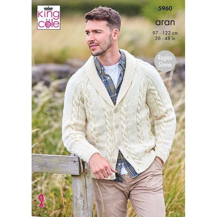 V & Shawl Collared Cardigans Knitted in Wool Aran